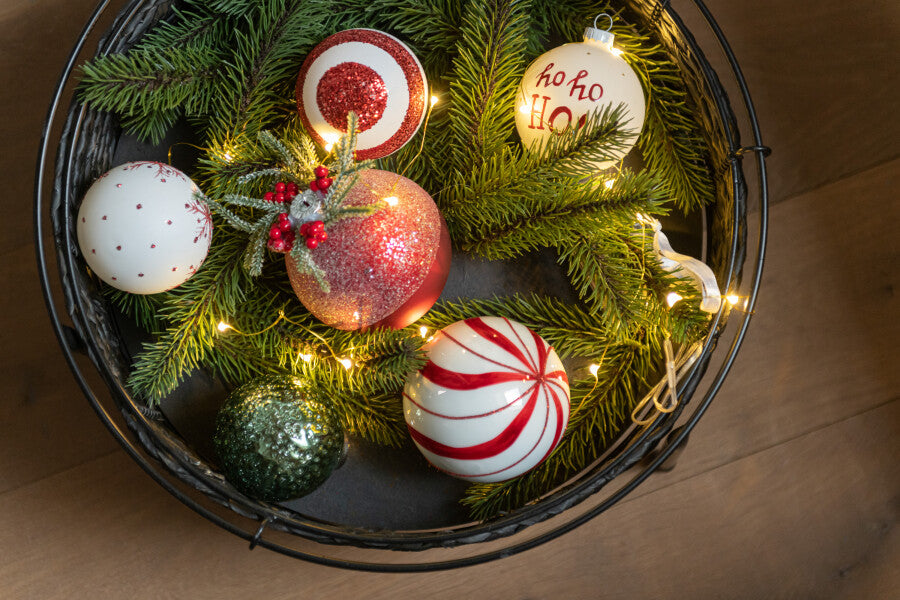 Box of 4 Christmas Bauble 2+2 Hoho+Snowflakes+Bow Red/White Large 