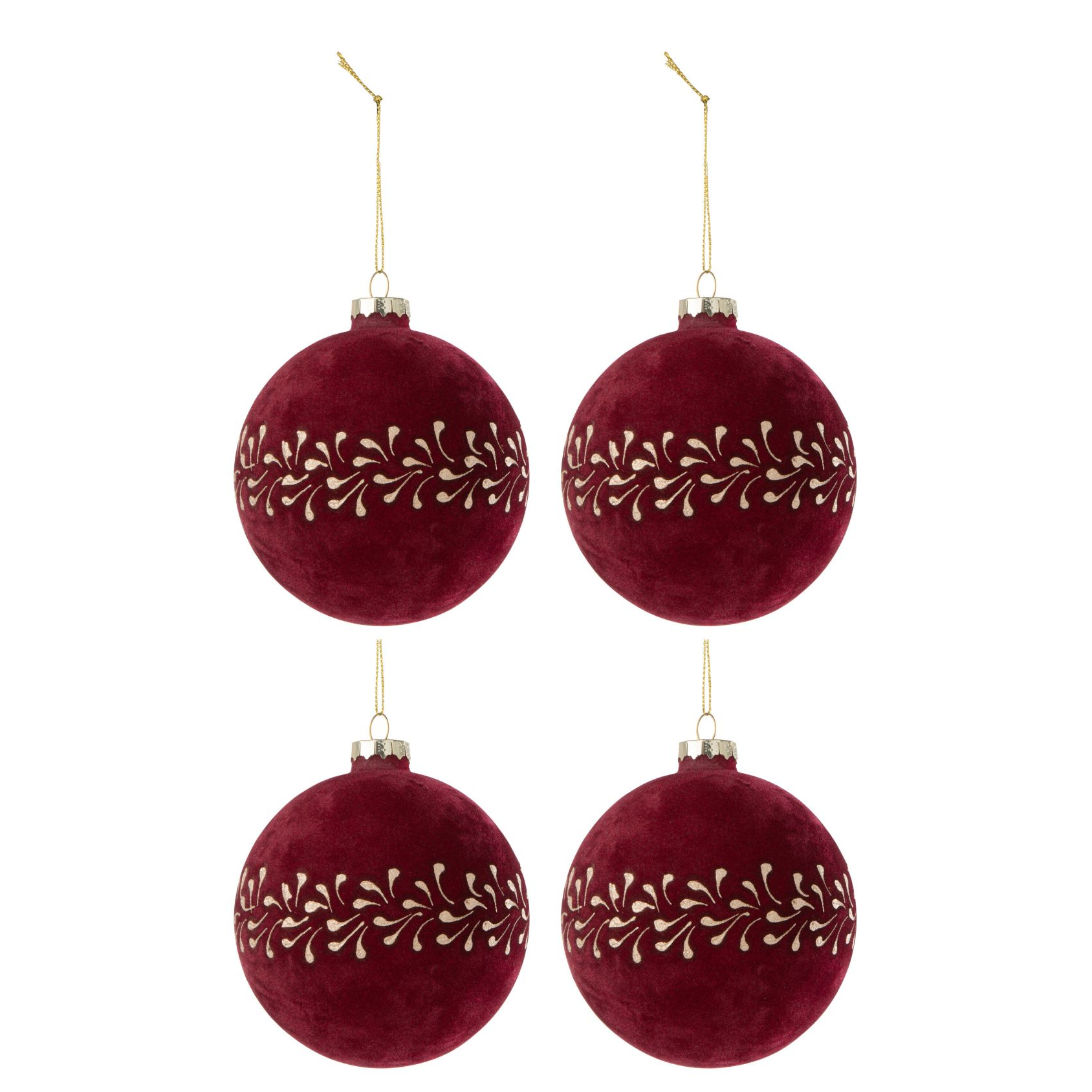 Doos Van 4 Kerstbal Motief Fluweel Bordeaux/Goud