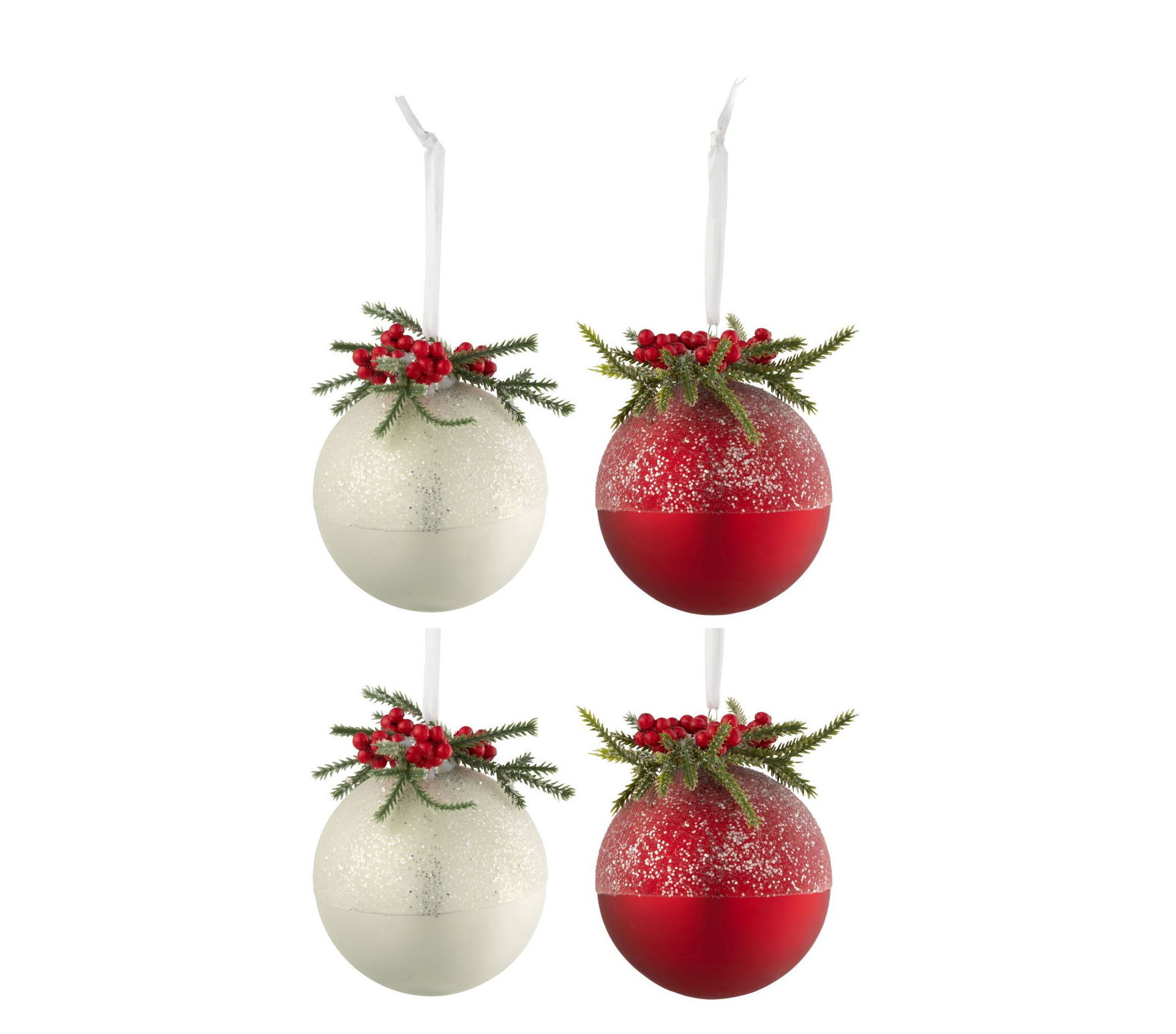 Doos Van 4 Kerstballen Kerstdeco+Bessen Suiker Glas Wit/Rd Small