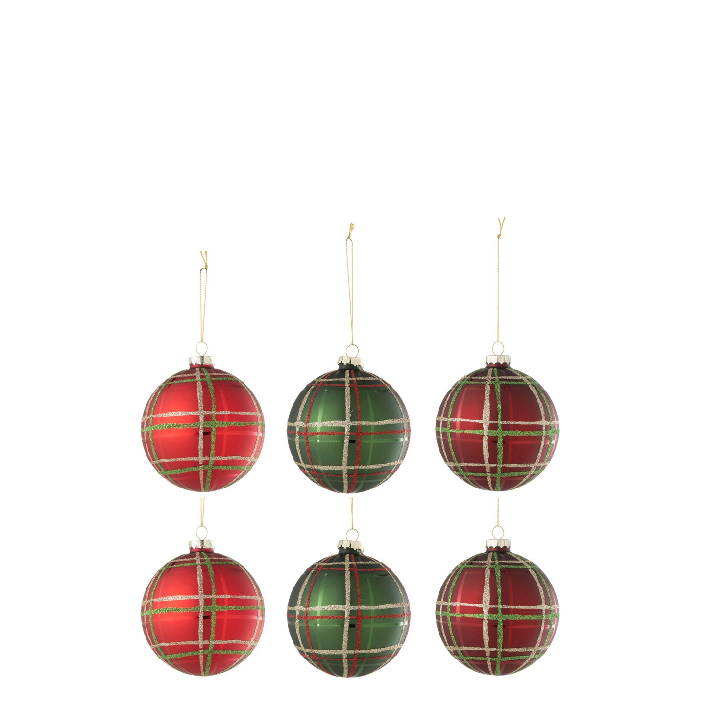 Doos Van 6 Kerstbal 2+2+2 Geruit Pailletten Rood/Groen Large