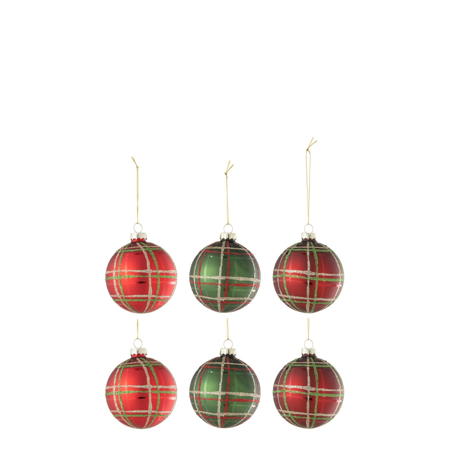 Doos Van 6 Kerstbal 2+2+2 Geruit Pailletten Rood/Groen Small