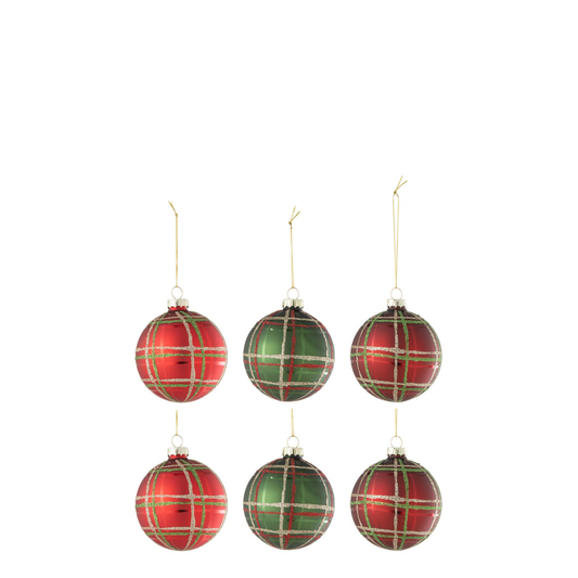 Doos Van 6 Kerstbal 2+2+2 Geruit Pailletten Rood/Groen Small