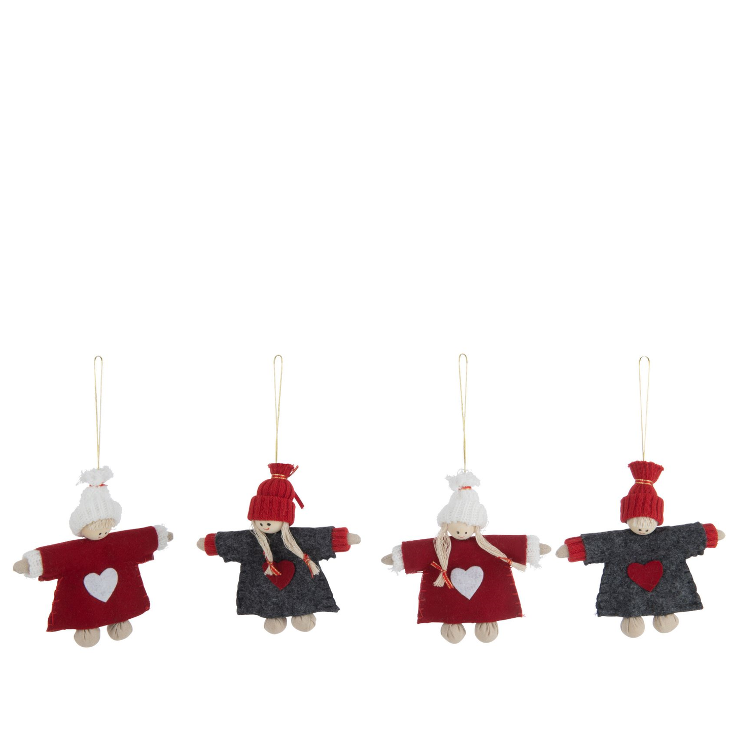 Hanger Pop Jongen/Meisje+Muts Hout/Vilt Rood/Grijs Assortiment Van 4