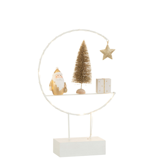 Semicirkel Op Voet+Led Kerstman Hout Wit/Goud