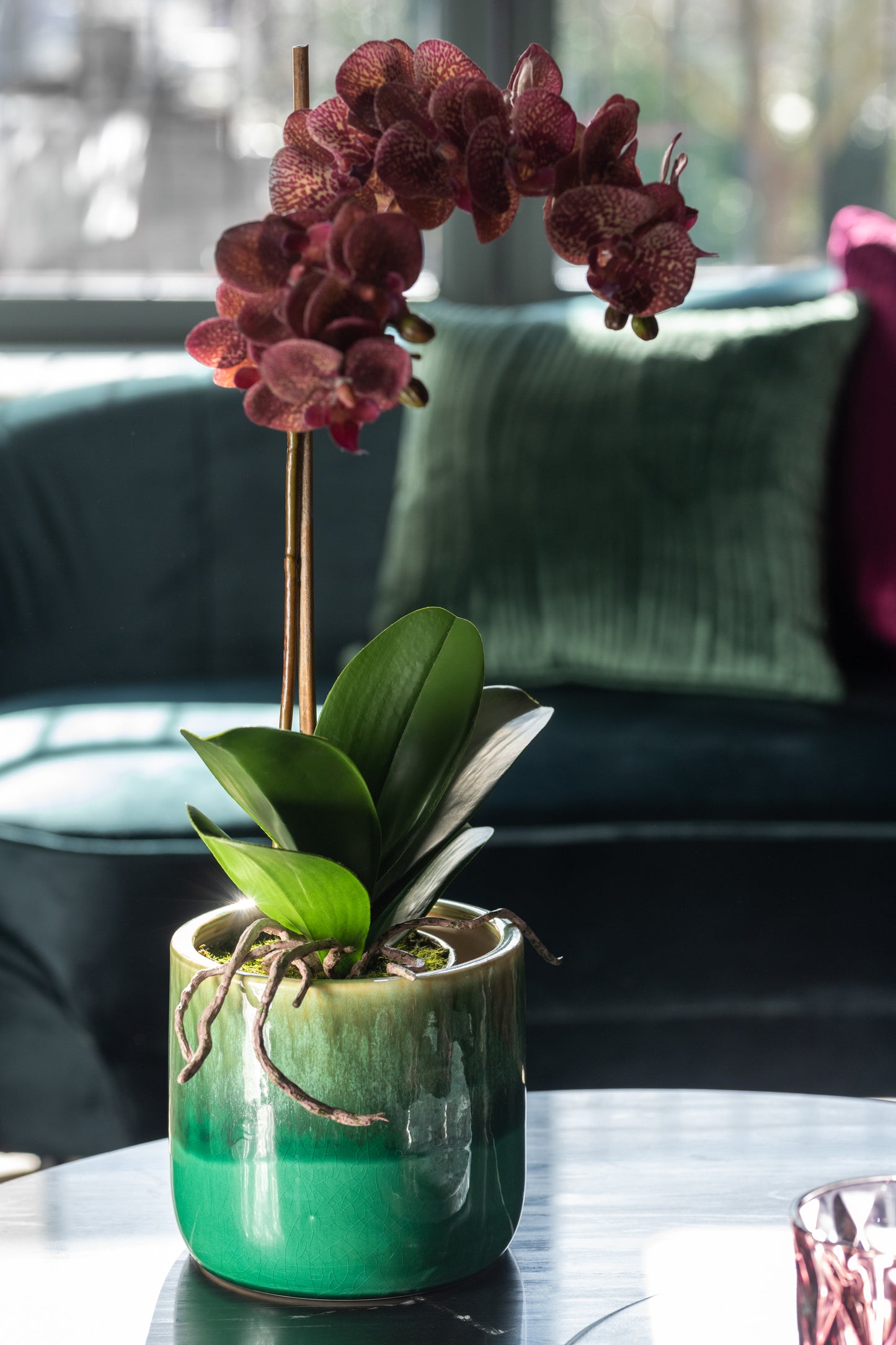 Orchidee In Pot Plastiek/Cement Donker Roze/Zilver