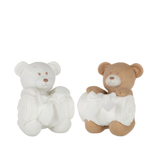 Bear Sitting+Blanket Plush White/Beige Assortment Of 2 