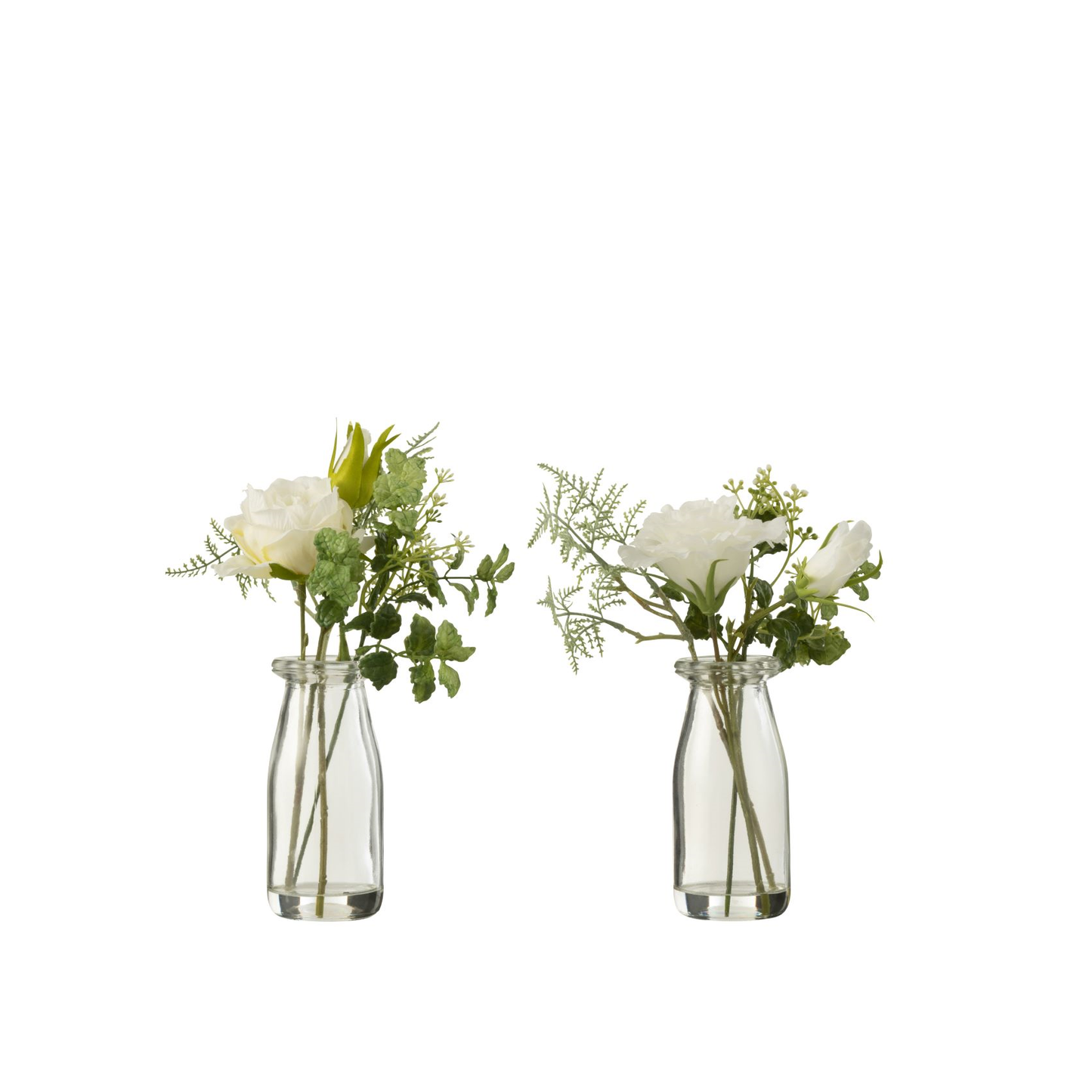 Bouquet Roses/Eustoma En Vase+Eau Artificielle Plastique Vert/Blanc Petit Assortiment De 2 